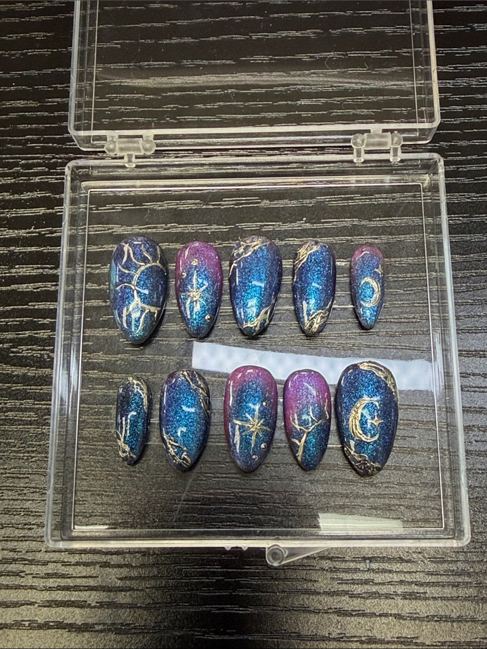 Galaxy Hand-Painted Press-On Nails with Silver Celestial Accents
